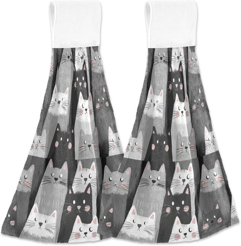 Boccsty Cats Kitten Pattern Hanging Kitchen Towels, 2 Pieces Funny Gray Kitty Dish Cloths for Bathroom & Home