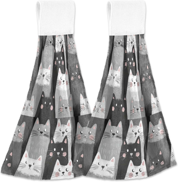 Boccsty Cats Kitten Pattern Hanging Kitchen Towels, 2 Pieces Funny Gray Kitty Dish Cloths for Bathroom & Home