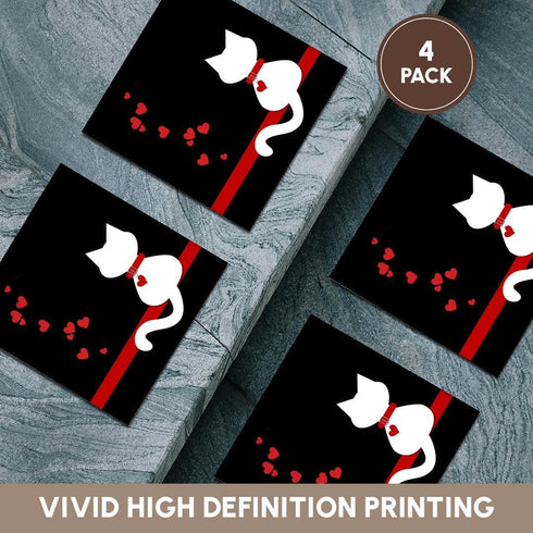 3dRose cst_164792_3 Pet Lovers Ceramic Tile Coasters, Set of 4 Red Hearts White Kitty Cat