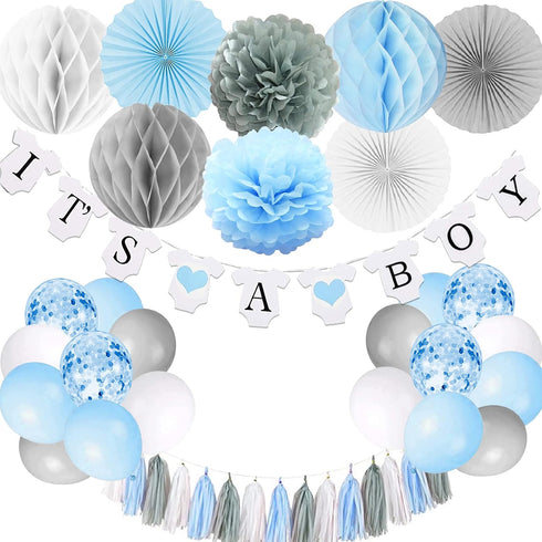 It’s A Boy Baby Shower Decorations with Banner, Paper Fan, Tissue Pompoms, Balloons, Blue and Grey