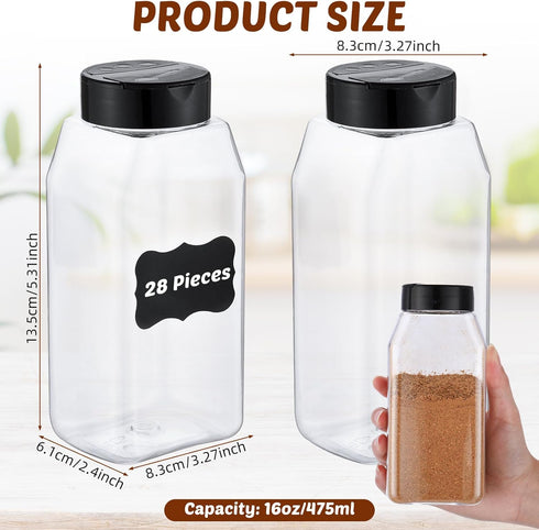 28 Pack 16 oz Mifoci Plastic Spice Jars with Cap Square Plastic Bottle Containers with Shaker Lids and Stickers Large