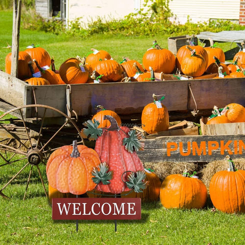 YEAHOME Fall Decorations, 22" Decorative Garden Stakes with 2 Pack Pumpkin Welcome Sign for Outdoor Yard Decor