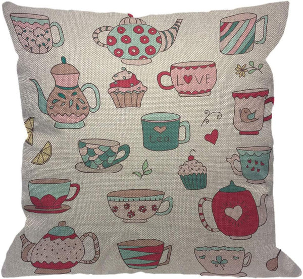 HGOD DESIGNS Doodle Cups Throw Pillow Cover, Teapots and Cupcakes in Pastel Colors, Cotton Linen 18x18 inch