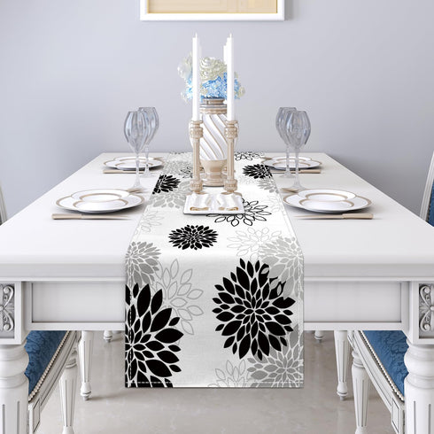 LXXTK 13x90 Inch (13"x90", Dahlia Flower Table Runner Farmhouse Blue Gray Runners Modern Table Decorations Rustic