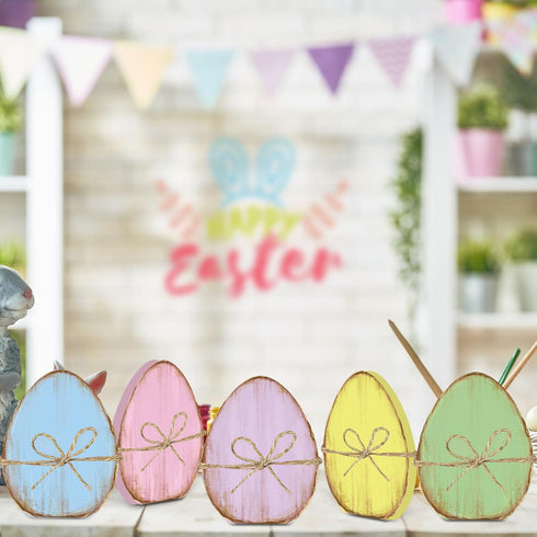5Pcs Whaline Retro Easter Egg Wooden Signs Colorful Egg Shape Rustic Farmhouse Tiered Tray Decor with Hemp Rope Spring