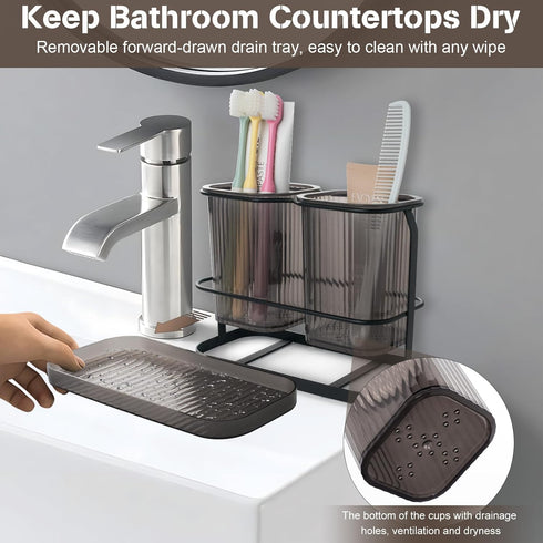 Toothbrush Holders with Drain Tray,2 Cup Hanging Toothbrush and Toothpaste Holder Organizer Bathroom Caddy Countertop for Toothpaste, Razors, Electric Toothbrush - Black