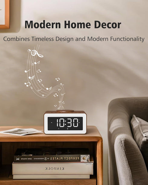 Digital Alarm Clocks for Bedrooms, Bluetooth Speaker, Alarm Clock with Wireless Charging, White/Brown Noise Sound