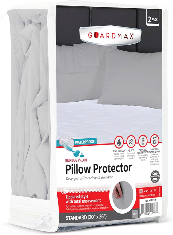 Guardmax Waterproof Pillow Protector Grey Standard Size, Zippered Bed Bug Pillow Protector 2 Pack