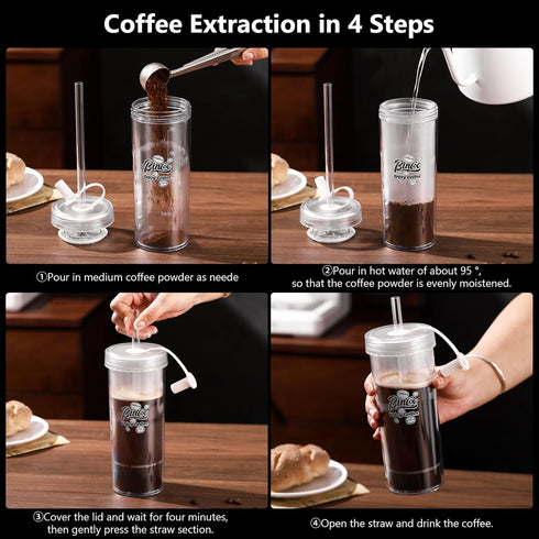 Portable Travel Coffee Press, 16oz, Double Wall with Lids and Straws, Single Serve for Travel, Home