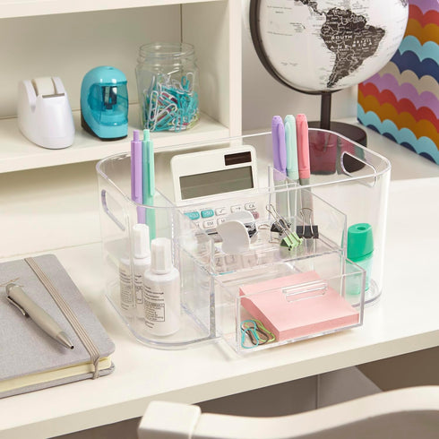 STORi Bliss Clear Makeup Organizer for Countertop, Divided Bathroom Storage Drawer, Makeup Brush Holder