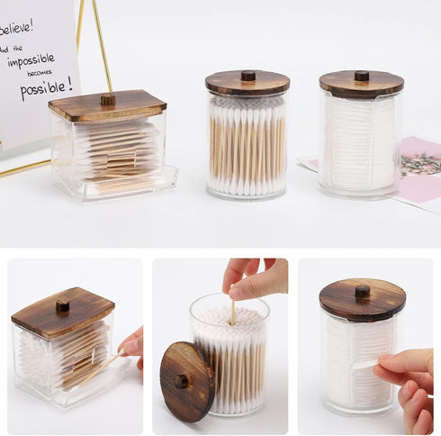 Tbestmax Bathroom Organizer Accessories Set, 10 OZ, 7 OZ Qtips Holder with Wood Lids, 3 Pcs