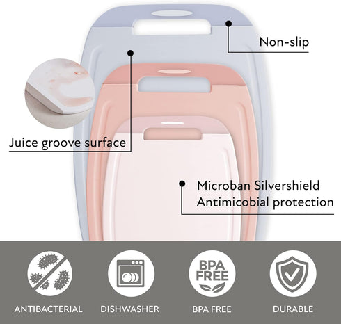 Neoflam Microban Protection Cutting Board 3 Piece Set, Stain & Odor/BPA Free, Reversible Board, Non-Slip Handle