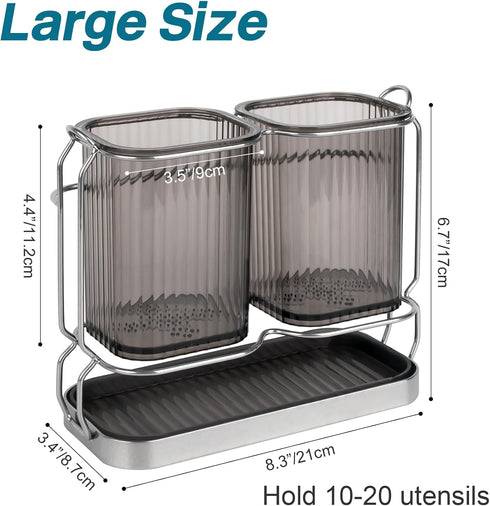 Utensil Holder for Kitchen Counter, Plastic Cooking Organizer with Drain Tray, Large Crock for Spatula Spoon, Modern