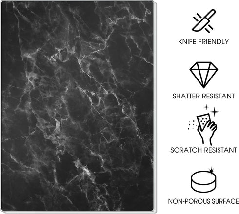 Tempered Glass Cutting Board for Kitchen, 16"x12" Black Marble Pattern, Heat Resistant, Dishwasher Safe