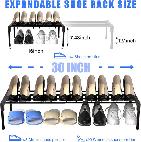2 17 ''-30 1 Closet Teenyyou Pcs Expandable Shoe Rack '' Adjustable Shoe Shelf Metal Tier Rack Black Stackable