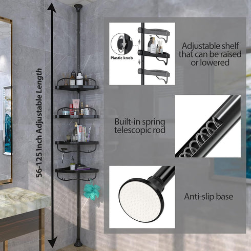Shower Caddy Tension Pole with 4 ABS Baskets, Adjustable 56 to 125 Inch Stainless Pole for Bathroom, Black