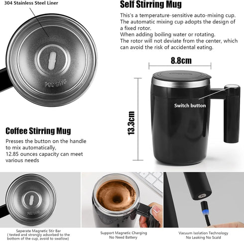 FCSWEET 2Pc 14oz Self Stirring Mug,Rechargeable Auto Magnetic Coffee Mug with Stir Bar,Waterproof Automatic Mixing Cup