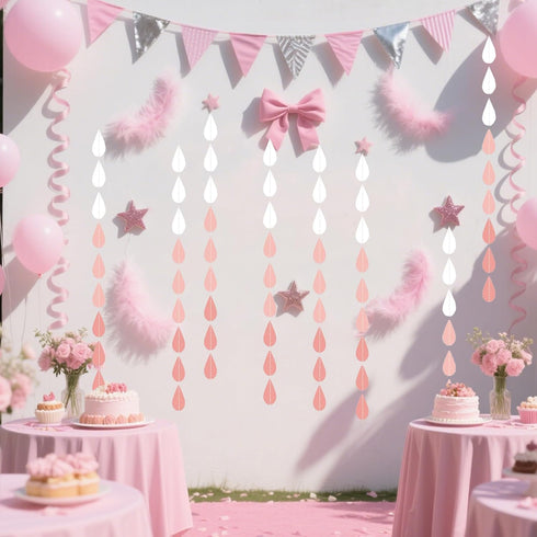 Baby Shower Decorations for Girl - Pink Party Hanging Raindrop Garland, Wedding Supplies, Birthday Banners Decor Set