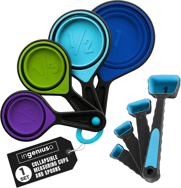 Portable Food Grade Silicone Measuring Cup Set, Collapsible Measuring Cups and Spoons for Liquid & Dry Food, Dog Food &