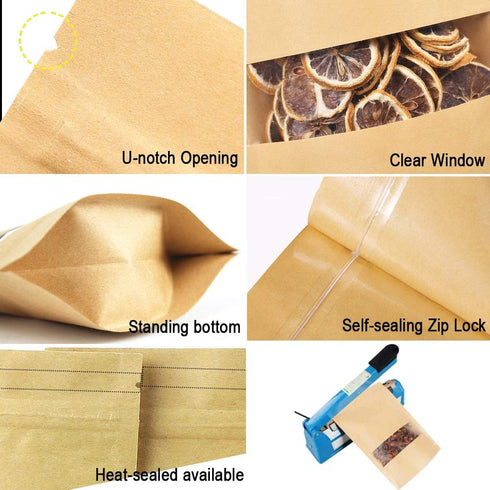 100 Pcs Resealable Stand Up Kraft Paper Bags with Window for Packaging Products, Zip Lock Food Storage