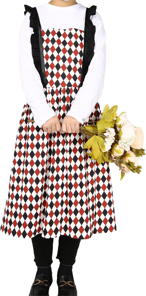Violet Mist Cotton Linen Apron, Women Cross Back Apron with Pockets, Vintage Black and Red Argyle Pinafore Dress