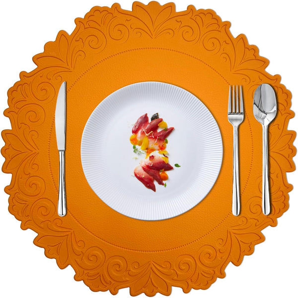 Round Placemat for Dining Table, Set of 6, Orange, PU Waterproof Heat Insulation Stain Resistant Non-Slip Washable Mat