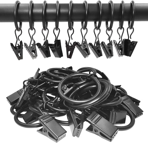 44 Pack Metal Curtain Rings with Clips, Drapery Clips with 1 in I D, Fits 6/8 in Curtain Rod, Black
