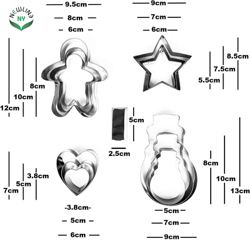 NewlineNY Cookie Molds Cutters Sets: Stainless Steel 13 Pieces Cookie Mold Biscuit Pastry Cutter Set, Man, Star, Heart,