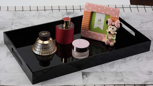 Glossy Black Sturdy Acrylic Serving Tray with Handles, 12x20 Inch, Kitchen Countertop, Makeup Drawer Organizer
