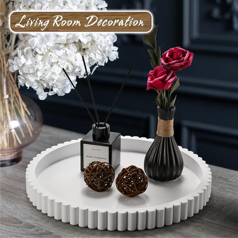 12in Handmade Decorative Tray for Coffee Table Tray Decor, White Wooden Decorative Round Tray for for Coffee Table