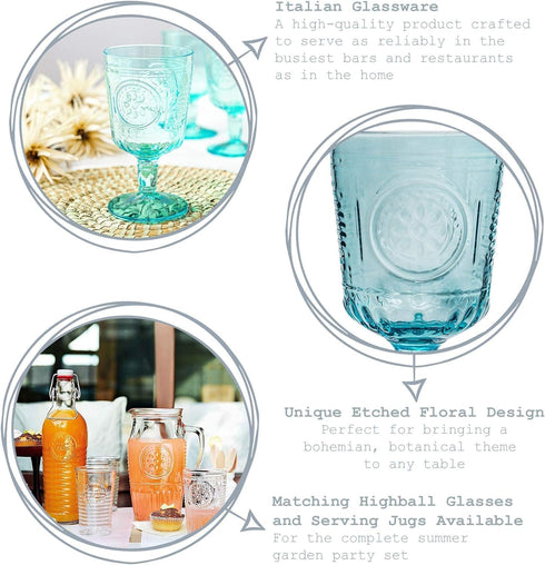 Bormioli Rocco Set of 4 Romantic Stemware Glasses, 10.75 Oz. Colored Crystal Glass, Light Blue, Made in Italy