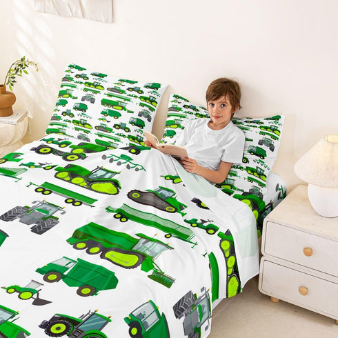 Set Excavator Car Bed Sheets Full Cartoon Construction Tractor Vehicle Sheet Kids Boys Green Yellow Equipment Trucks