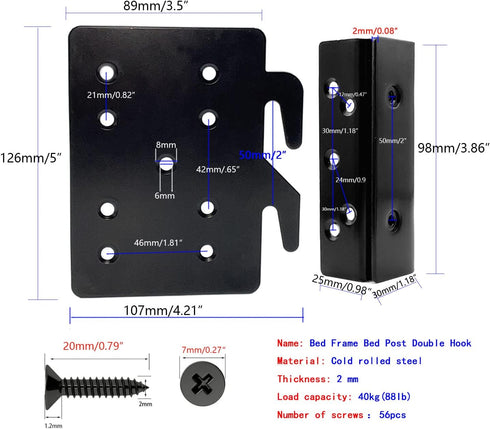 Bed Frame Post Double Hook Slot Hardware Attachment Bracket,Bed Rail Hooks Cold Rolled Steel 5''×4¼'',Thickness 2 mm, Heavy Duty for Plates Bed Accessories with Screws Included(4 Sets ) (5''×4¼'')