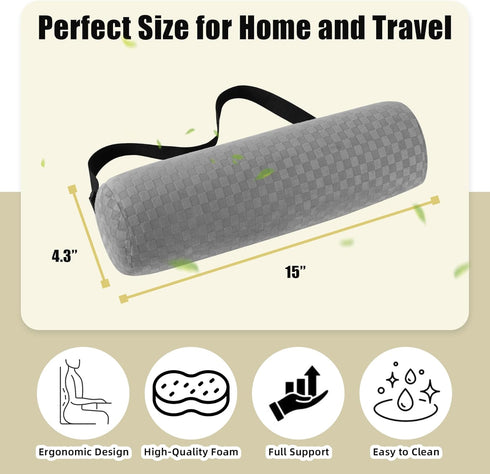 Lumbar Roll Pillow for Lower Back, Lumbar Support Foam Roll Cushion with Pillowcase and Upgraded Strap for Office, Chair, Car, Seat Pain Relief & Improving Posture (Light Grey, Long-15*4.3'')