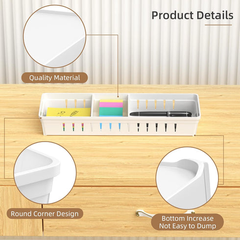 Desk Drawer Organizer Tray, 4 PCS Plastic Office Organizer Set with Non-Slip Silicone Pads, White
