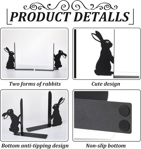Set 2 Geelin Bunny Metal Bookends of Styles Easter Cute Rabbit Book Ends for Bookshelf Decor Organizer for Home Office