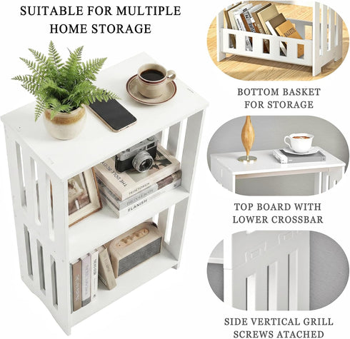 3-Tier HAYOFAMY End Table Nightstand White, Narrow Side Table with Storage Shelf, Small Bookshelf Bedside Table