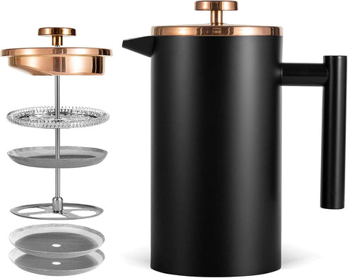 Miuly Black Coffee Press, Stainless Steel French Press Coffee Maker, 350ml/12oz with 2 Filter Mesh, Black