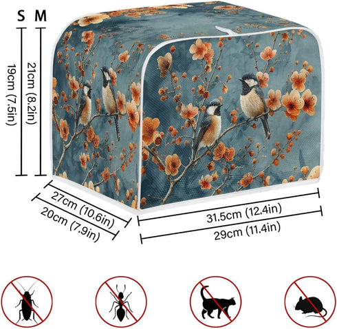 Blue Small Bird & Orange Red Flowers Toaster Cover - 4 Slice, Universal Size Dustproof Covers with Handle for Microwave