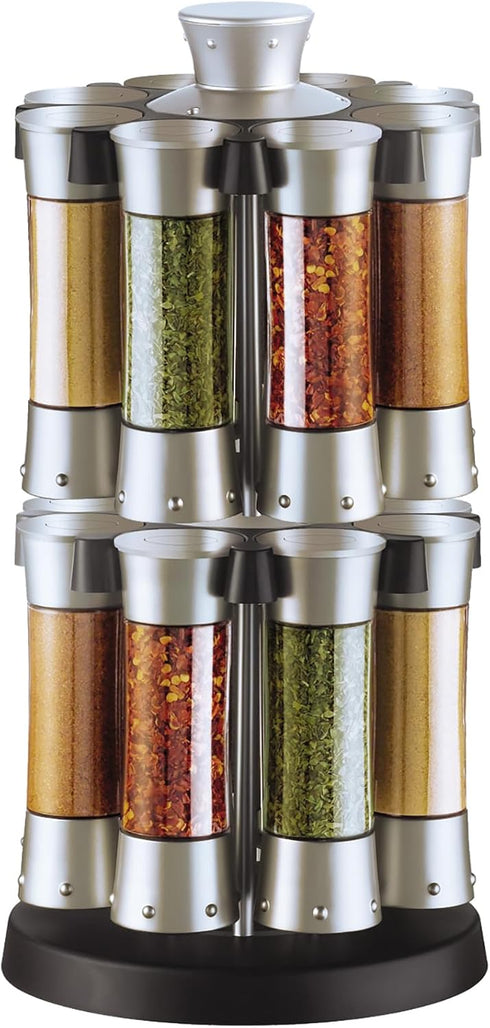 8 KitchenArt Spice Rack, Elite Auto-Measure Plastic Spice Carousel, Spice Jars, Silver