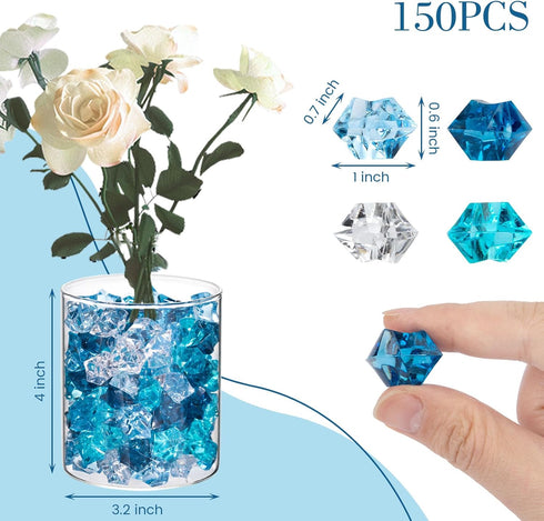 DomeStar 150PCS Premium Blue Fake Ice, Acrylic Ice Rocks Plastic Stones Crushed Ice Cubes for Vase Fillers Nautical