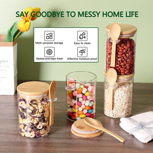 CZFWin 4 Pack 4PCS) Glass Containers with Lids and Spoons, Overnight Oat Container with Lids Glass, Oatmeal Jar