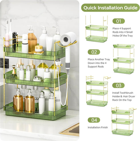 Counter Countertop 3-Tier) Bathroom Organizer with Hair Dryer Holder and Toothbrush Holder, Acrylic Vanity Tray