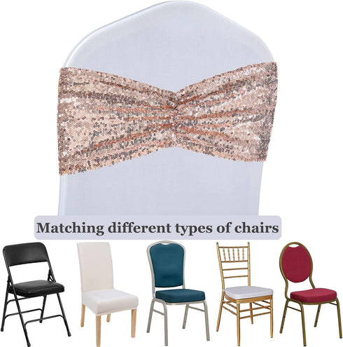 SquarePie Pack of 10 Sequin Chair Sashes, Shining Rose Gold Bows for Wedding Banquet Party Decor