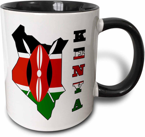 3dRose Kenya Flag in Outline Map of Country and Name Kenya - Two Tone Black Mug, 11oz