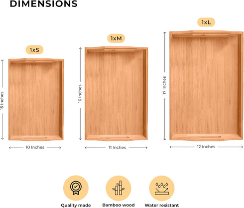 Set 3 Prosumers Choice Wooden Tray - Light Brown Serving Trays with Handles - Nesting Design for Space Saving - Wooden