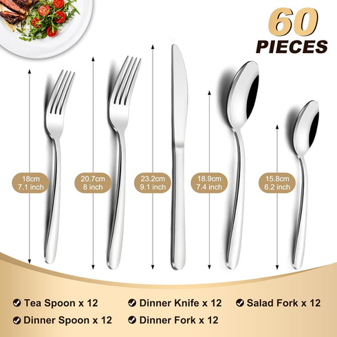 Pleafind 60-Pcs Silverware Set Service for 12, Premium Stainless Steel Flatware Set, Include Forks Spoons and Knives Set, Mirror Polished Cutlery Utensil Set for Home Restaurant, Dishwasher Safe by Pleafind
