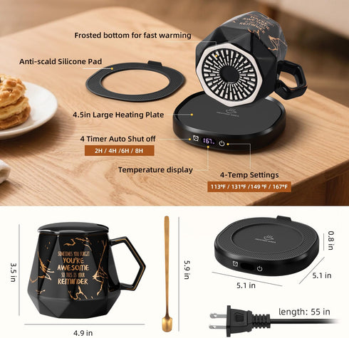Set, 4 8 Coffee Mug Warmer & Awesome Mug Smart Heated Electric Coffee Cup Warmer for Desk Office, Temperature Control