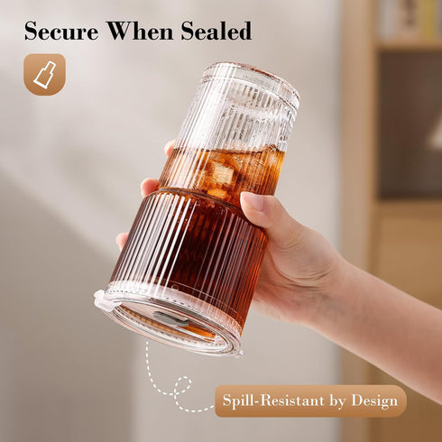 20oz 4 Pack GOSCHE Glass Tumblers with Straws and Lids, Ribbed Iced Coffee Cups Leak-proof, Dishwasher Safe, Thickened