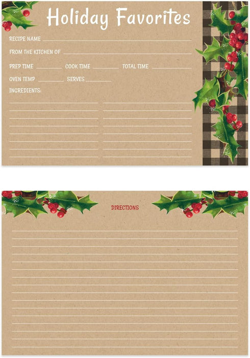 Kraft Look Holiday Favorites Recipe Cards / 50 Rustic Faux Kraft Christmas Cards / 4" x 6" Double Sided
